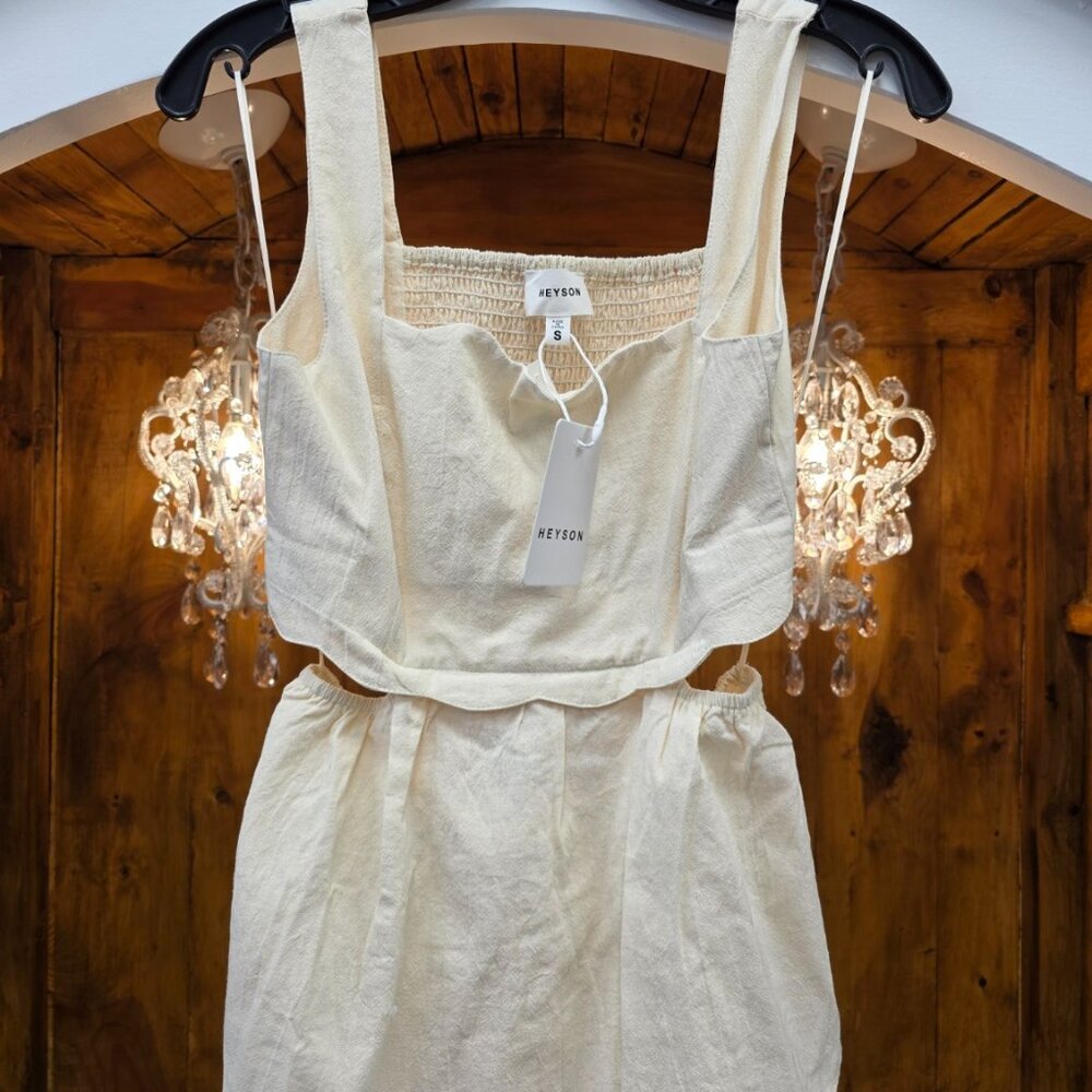 HEYSON Square Neck Crop Top | Cream Oatmeal Linen Look | Wide Strap Boho - Picture 2 of 12